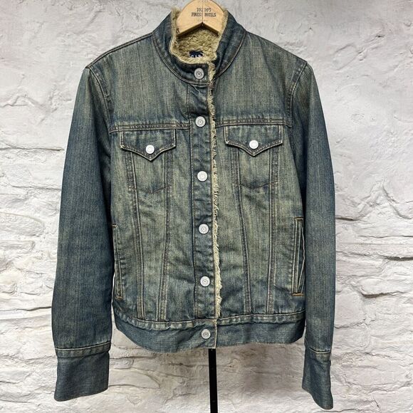 Vintage y2k Gap Faux Fur Lined Denim Trucker Jean Jacket Faded Distressed Medium - Picture 1 of 11